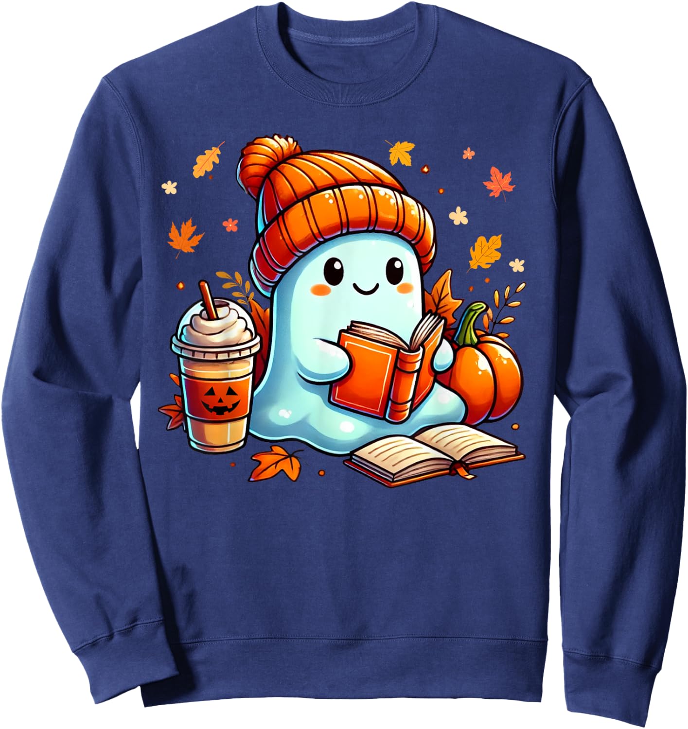 Cute Ghost Reading Book Lovers Halloween Coffee and Book Sweatshirt - Sweatshirt | Navy