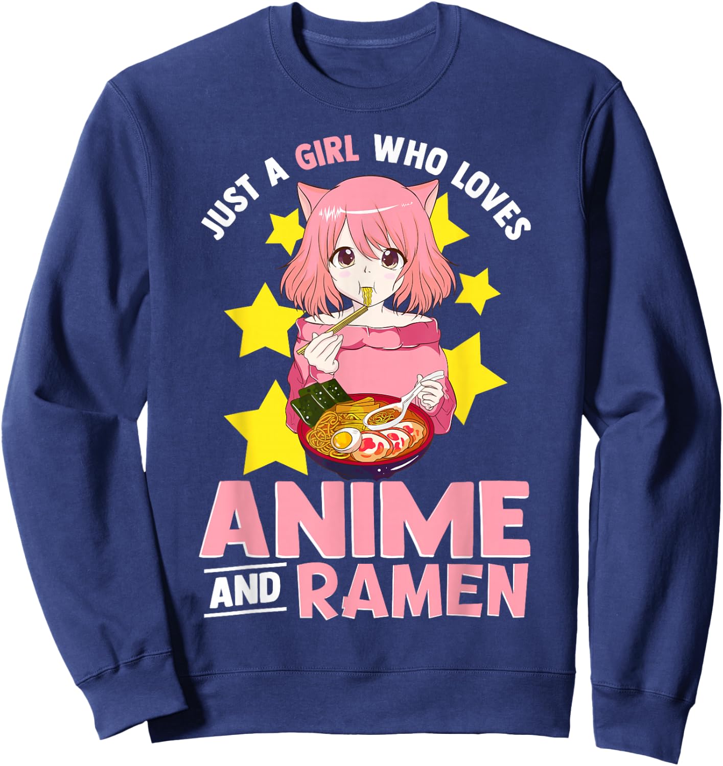 Just A Girl Who Loves Anime and Ramen Bowl Japanese Noodles,Short Sleeve Sweatshirt - Sweatshirt | Navy