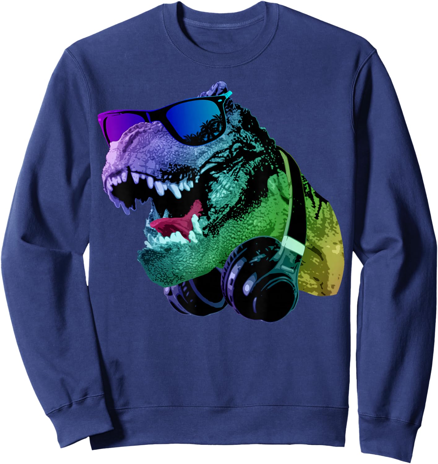 T Rex Tyrannosaurus Dinosaur With Sunglasses And Headphones Sweatshirt - Sweatshirt | Navy