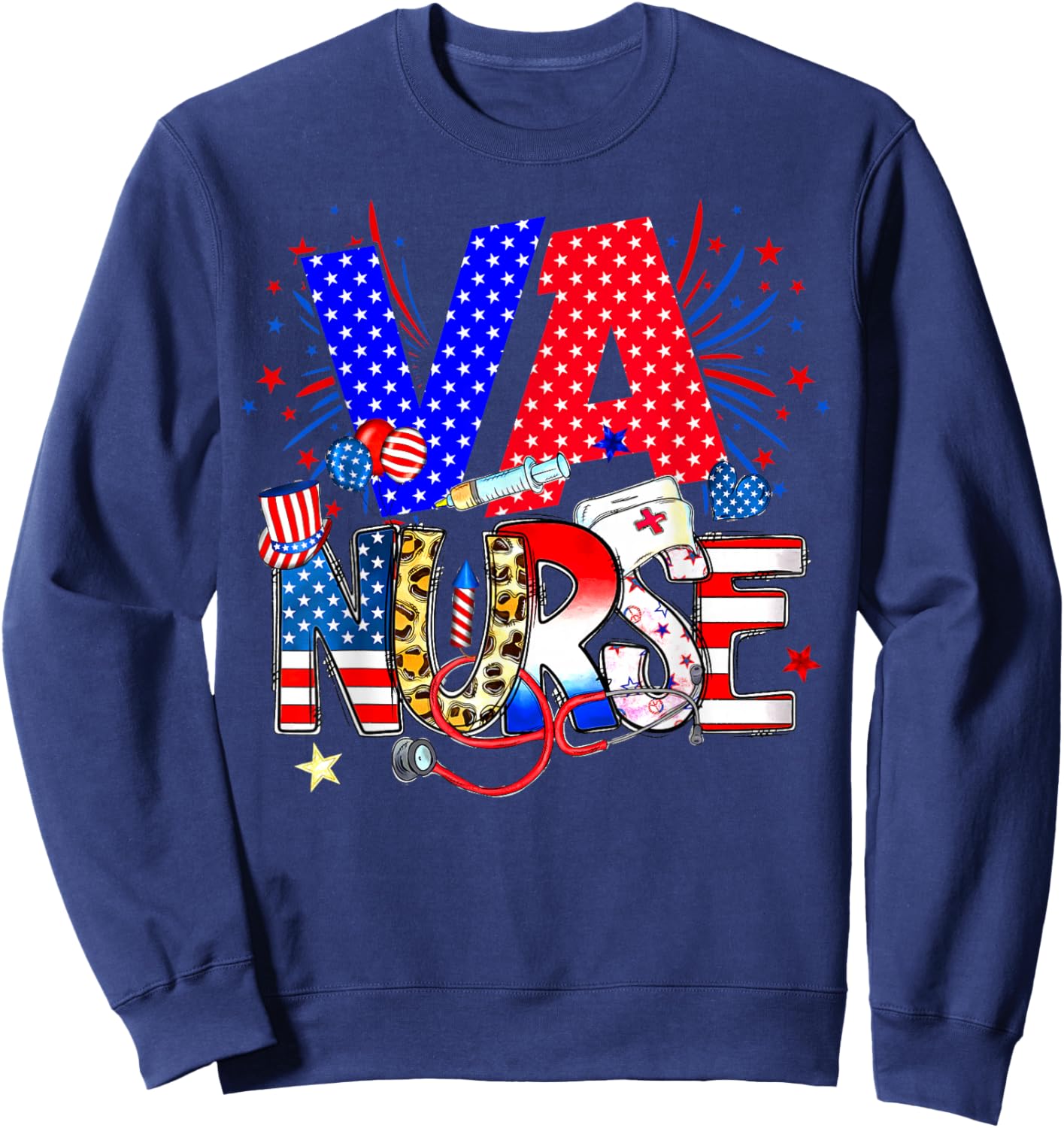 VA Nurse 4th Of July American Flag Stethoscope Sweatshirt - Sweatshirt | Navy