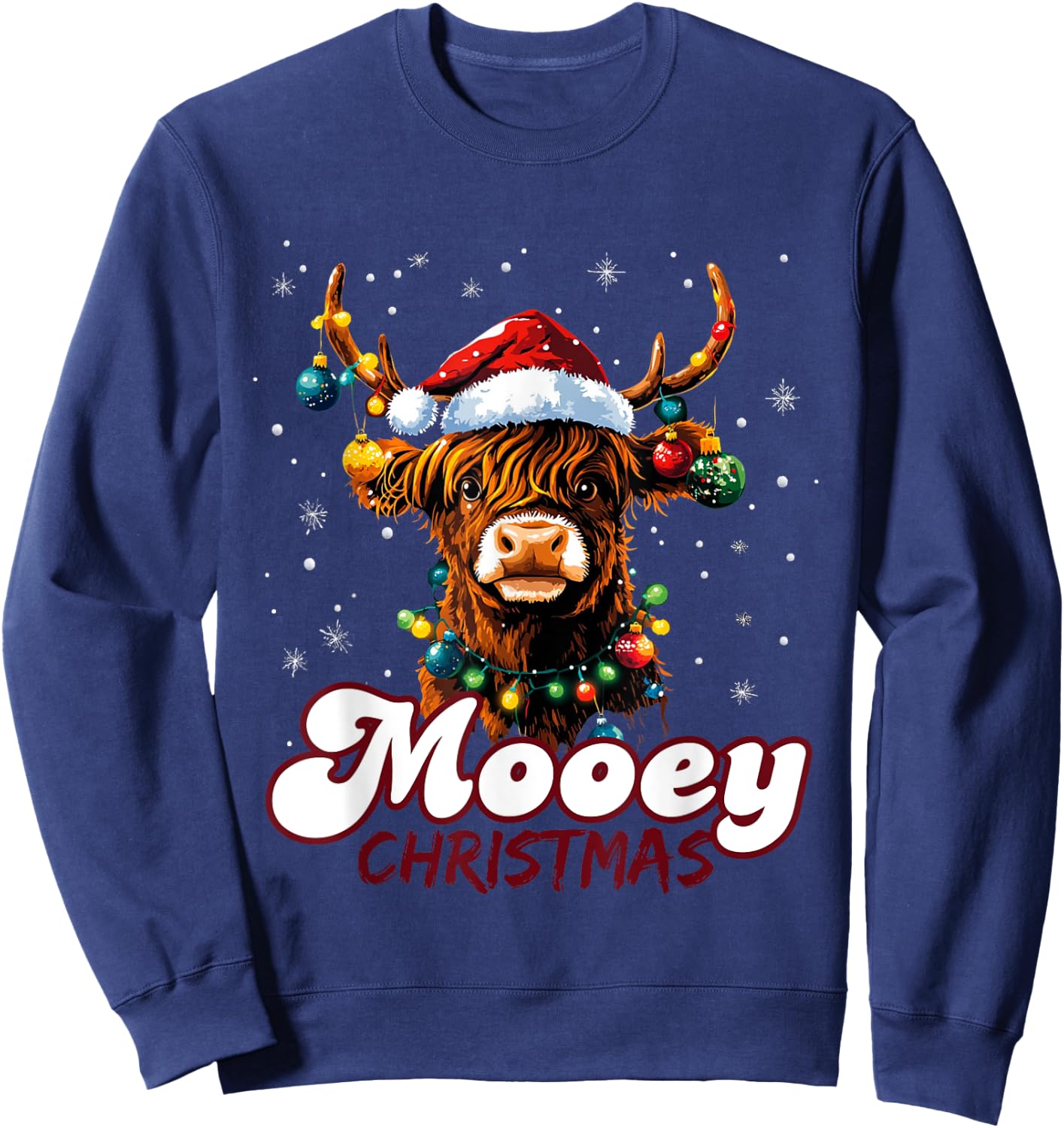 Mooey Christmas Highland Cow with Santa Hat and Xmas Lights Sweatshirt - Sweatshirt | Navy