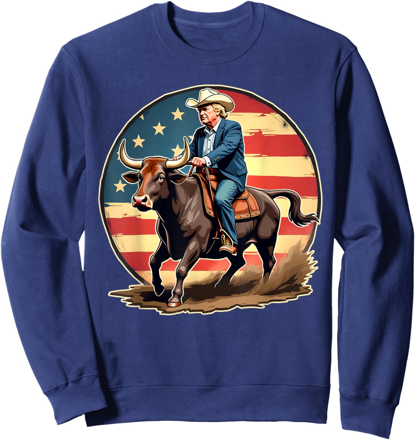 Trump Bull Rider American Flag USA Riding Rodeo Cowboy Sweatshirt - Sweatshirt | Navy
