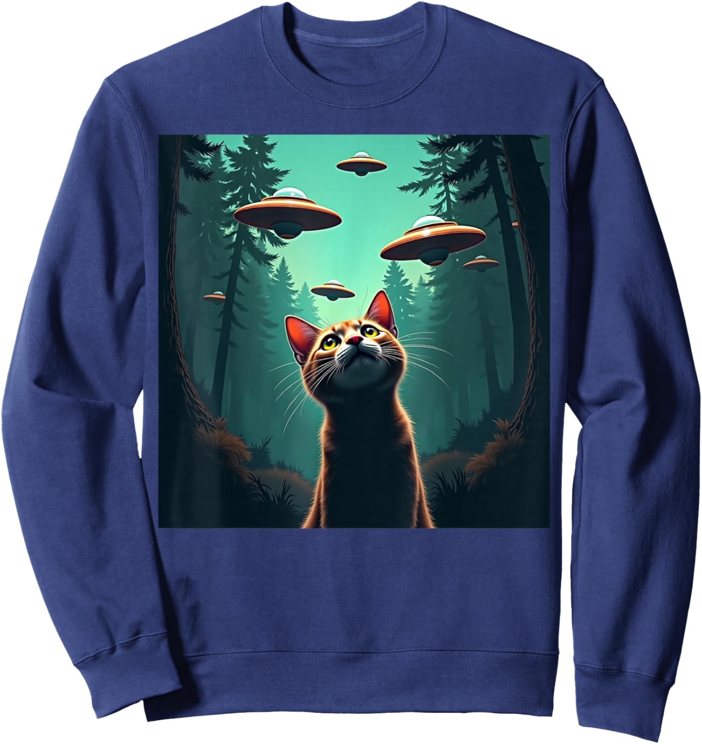 Cute Cat Selfie With UFO Invasion Alien Spaceship Sweatshirt - Sweatshirt | Navy