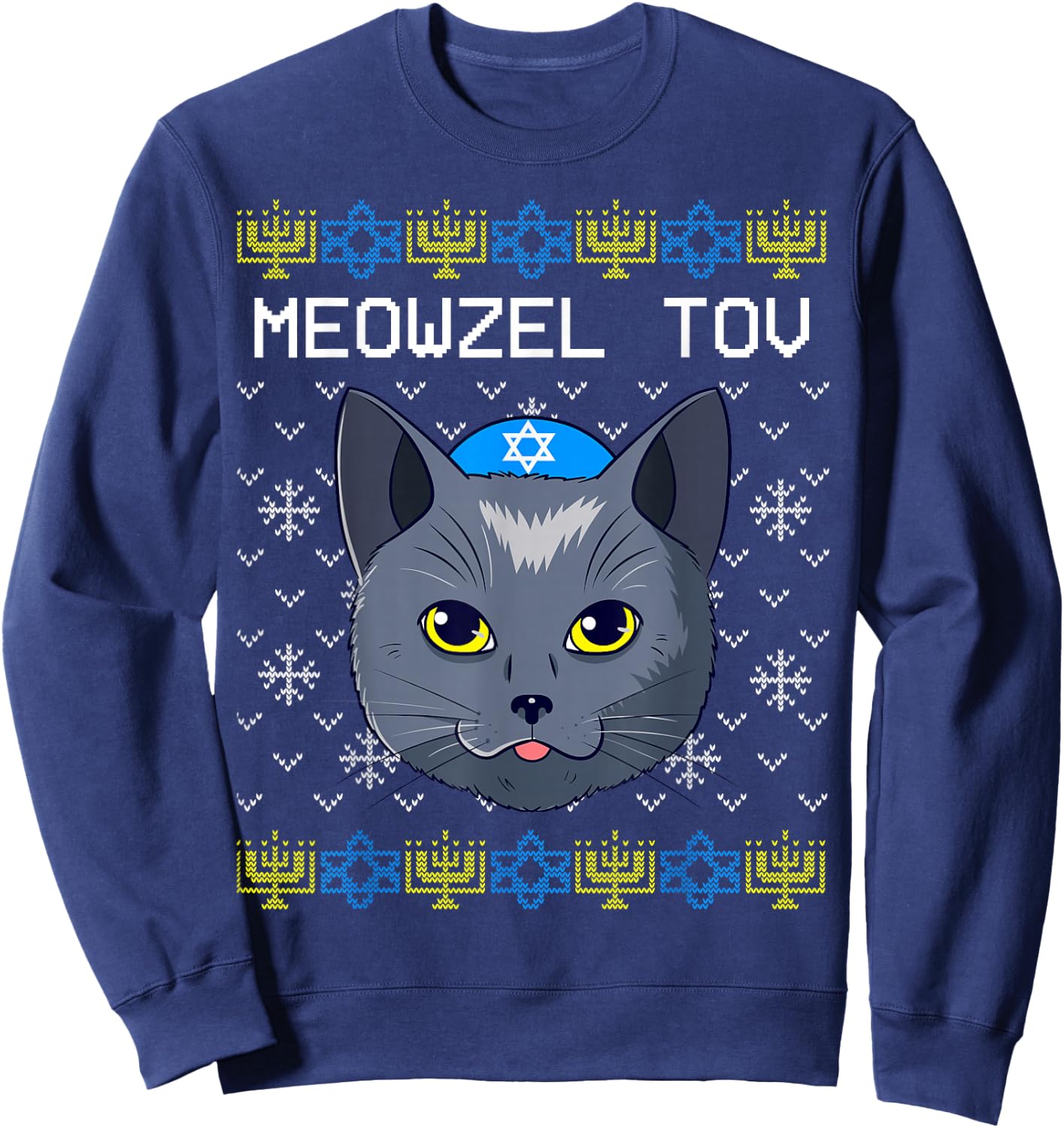 Meowzel Tov Ugly Hanukkah Cat Chanukah Jewish Sweatshirt - Sweatshirt | Navy