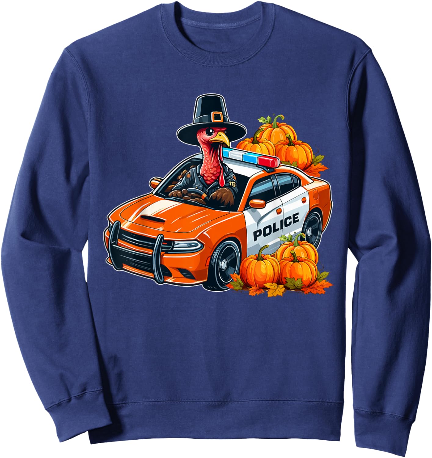 Turkey Driving Police Car Thanksgiving Driver Fall Pumpkins Sweatshirt - Sweatshirt | Navy