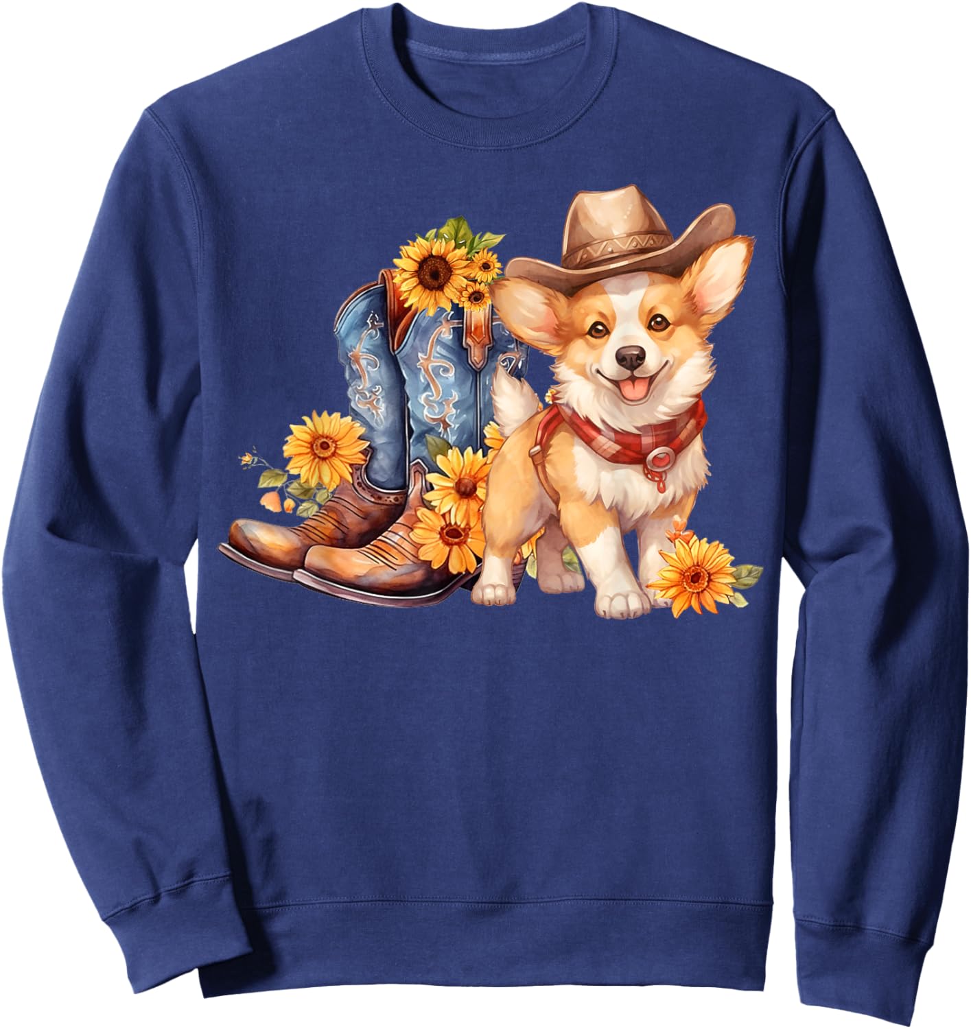 Pembroke Welsh Corgi Dog Cowgirl boots Cowboy hat Sunflower Sweatshirt - Sweatshirt | Navy