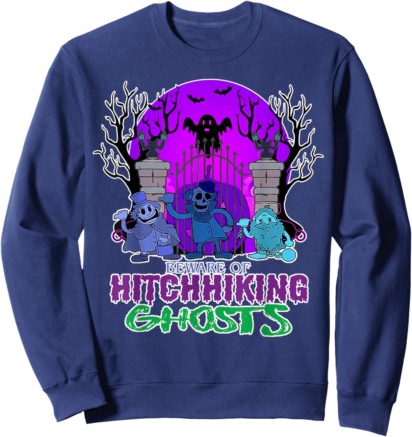 Beware Of Hitchhiking Ghosts Halloween Bat Funny Sweatshirt - Sweatshirt | Navy