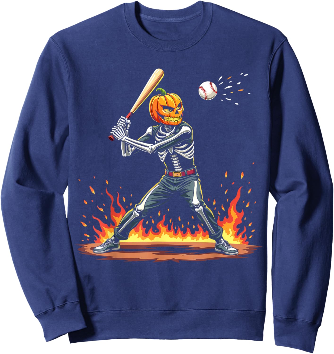 Pumpkin Head Skeleton Baseball Halloween Spooky Sports Sweatshirt - Sweatshirt | Navy