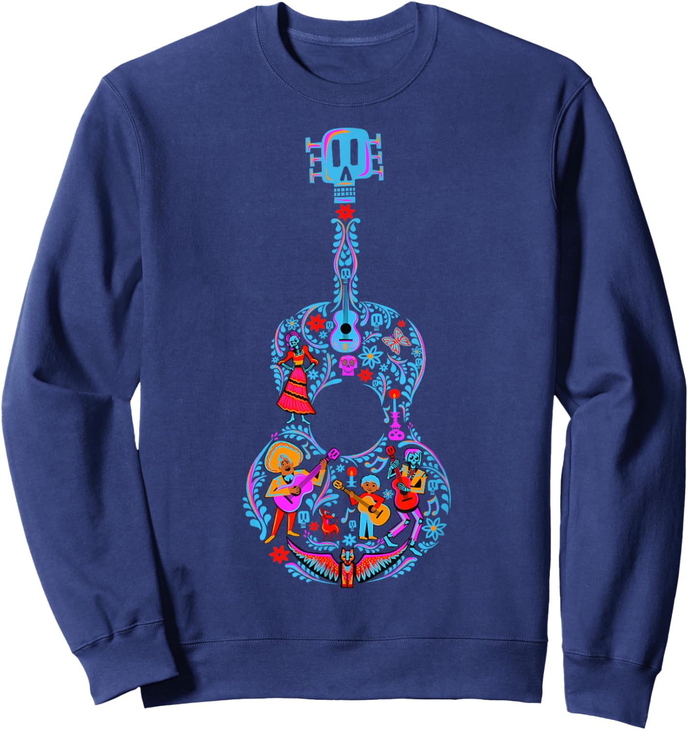 Disney Pixar Coco Guitar Collage Day Of The Dead Style Logo Sweatshirt - Sweatshirt | Navy