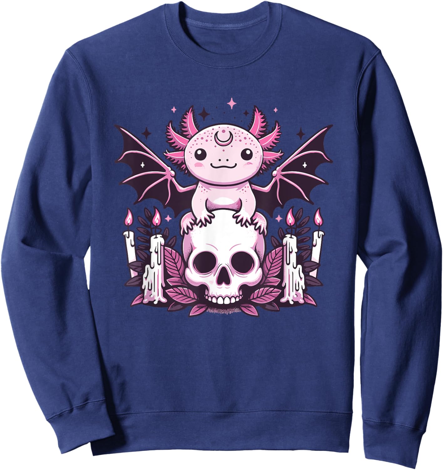 Kawaii Pastel Goth Cute Creepy Axolotl Bat Skeleton Sweatshirt - Sweatshirt | Navy