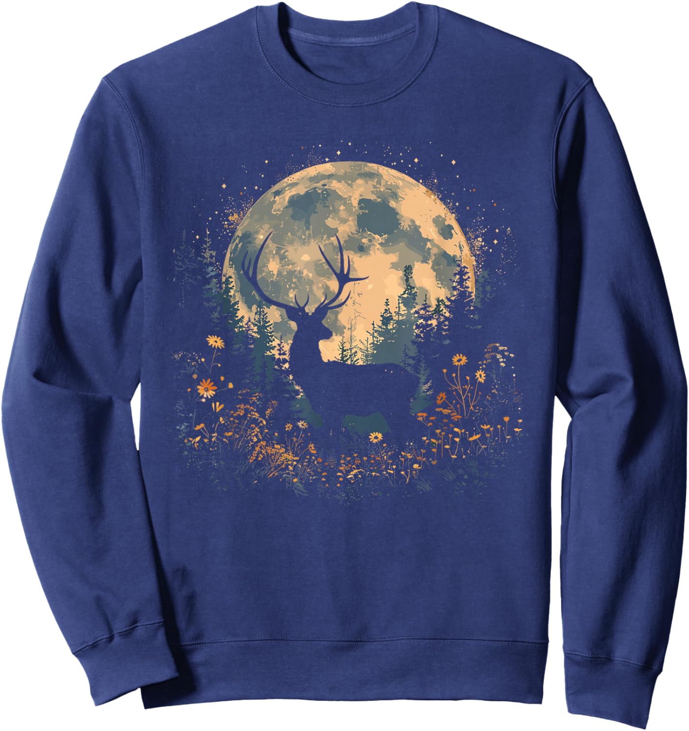 Deer Floral Full Moon Whitetail Buck Deer Flowers Sweatshirt - Sweatshirt | Navy