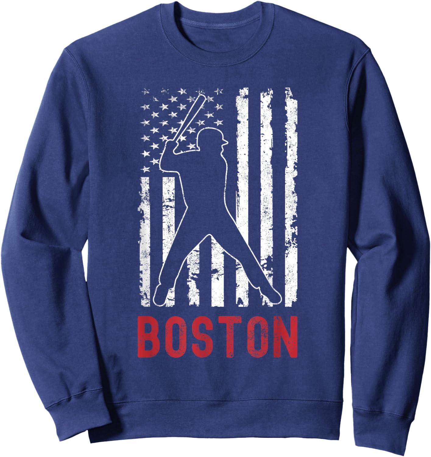 Boston Massachusetts American Flag Baseball Weathered Sweatshirt - Sweatshirt | Navy