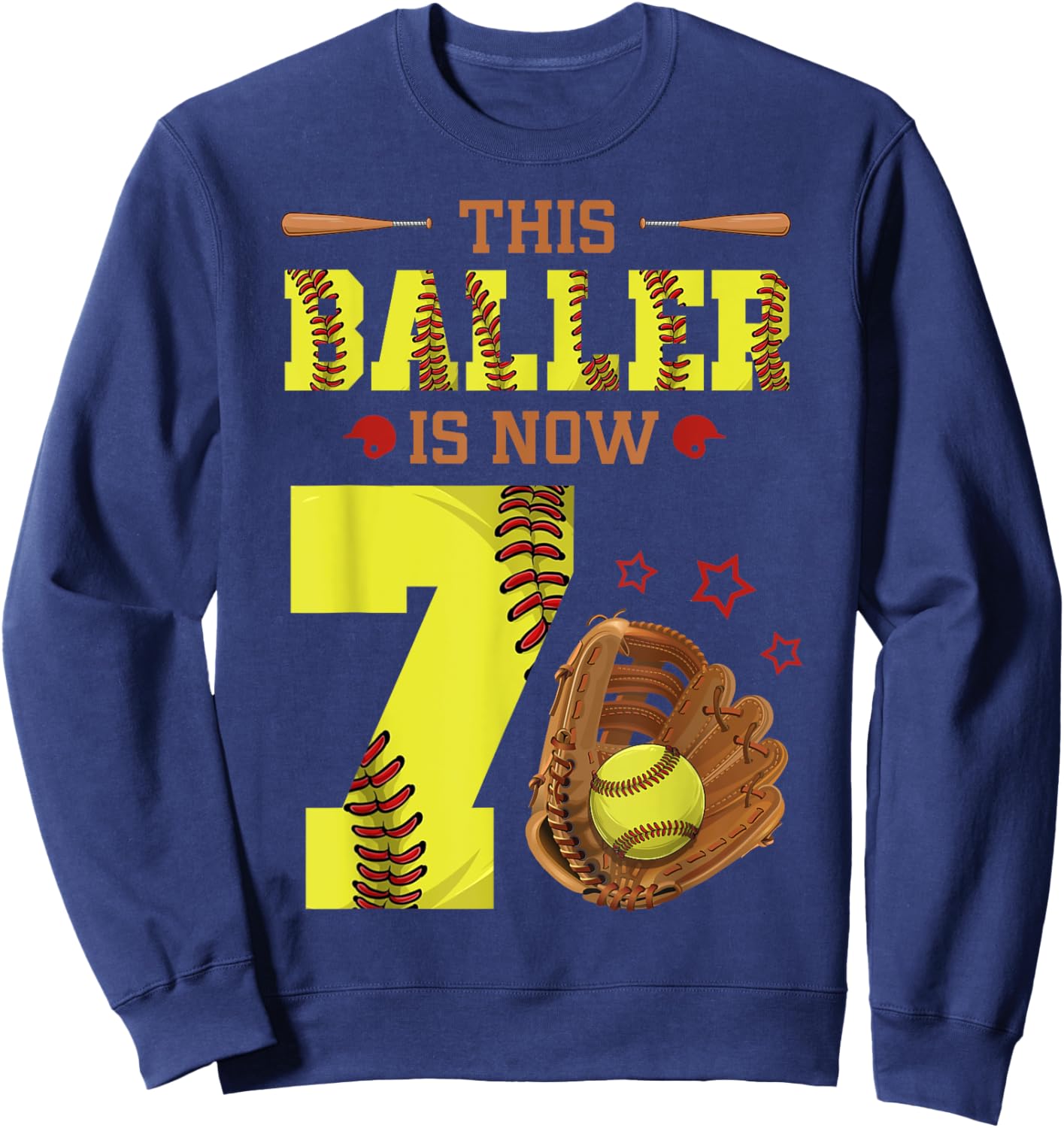7th Birthday Softball This Baller Is Now Seven Girl 7 Yr Old Sweatshirt - Sweatshirt | Navy