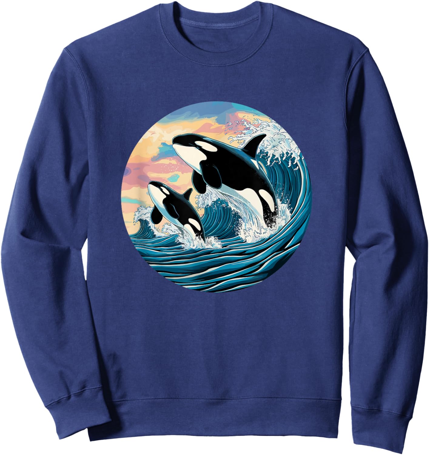 Orca Wave Ocean Sunset Marine Life Fan Outfit Kids Black Small Modern Cartoon Orca Jumping Waves Ocean Sunset Marine Life Enthusiast Sweatshirt - Sweatshirt | Navy