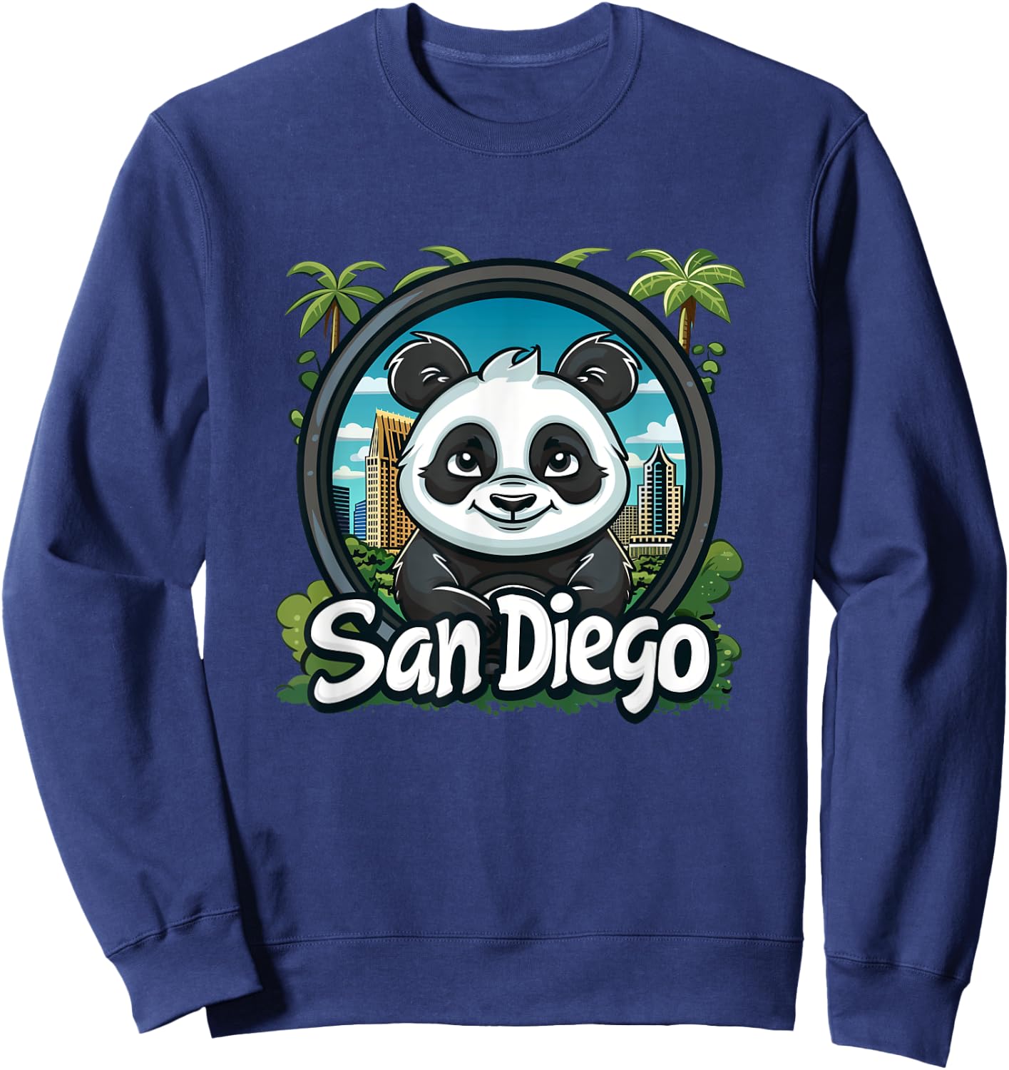 San Diego Panda Retro City Skyline Design - Cute Panda Zoo Sweatshirt - Sweatshirt | Navy