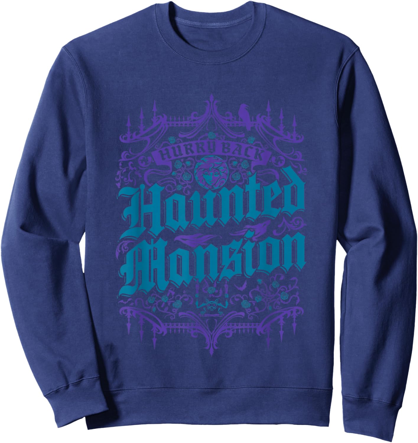The Haunted Mansion Hurry Back Gothic Pattern Chest Poster Sweatshirt - Sweatshirt | Navy