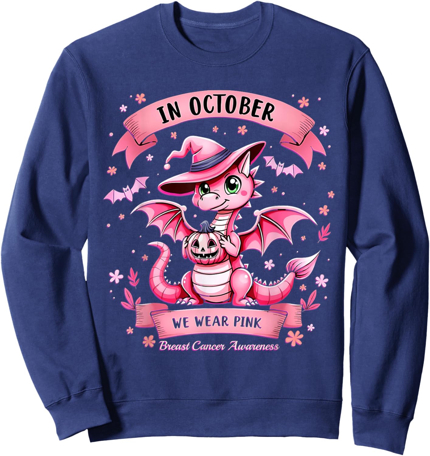 October We Wear Pink Breast Cancer Awareness Dragon Sweatshirt - Sweatshirt | Navy