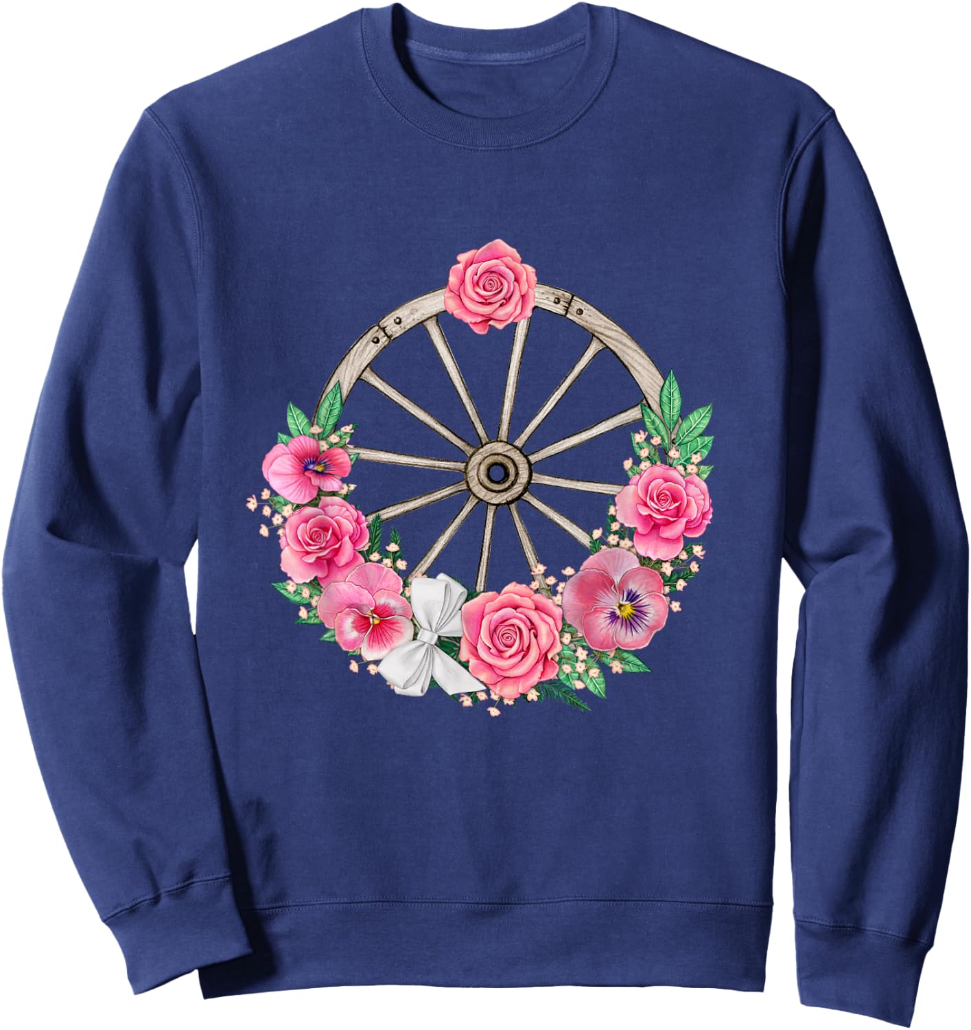 Country Wagon Wheel with Pink Roses and Panses Sweatshirt - Sweatshirt | Navy