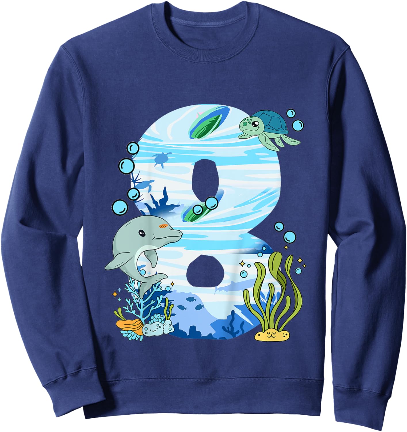 Underwater 8 Years Old - Dolphin And Turtle 8th Birthday Sweatshirt - Sweatshirt | Navy