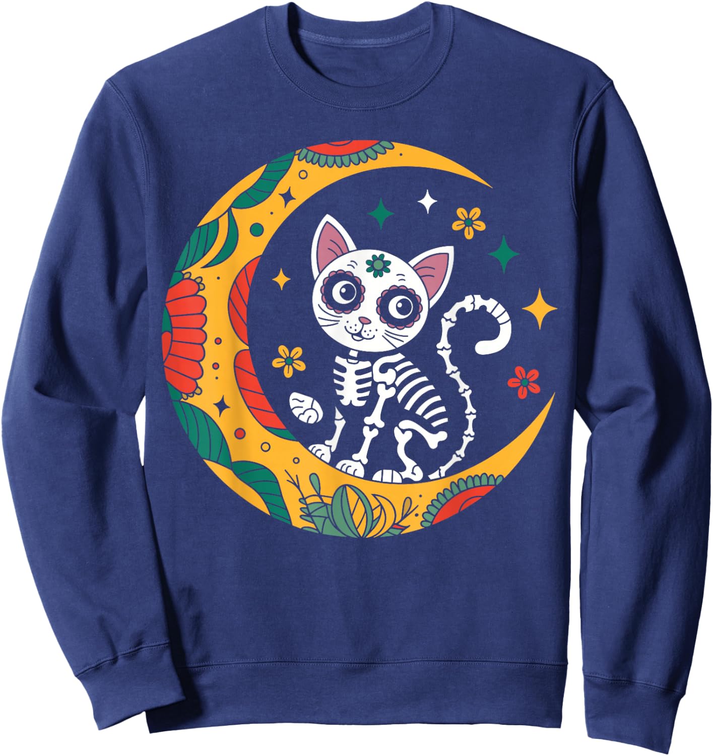 Cat And Moon Skull Dia De Los Muertos Day Of The Dead Sweatshirt - Sweatshirt | Navy