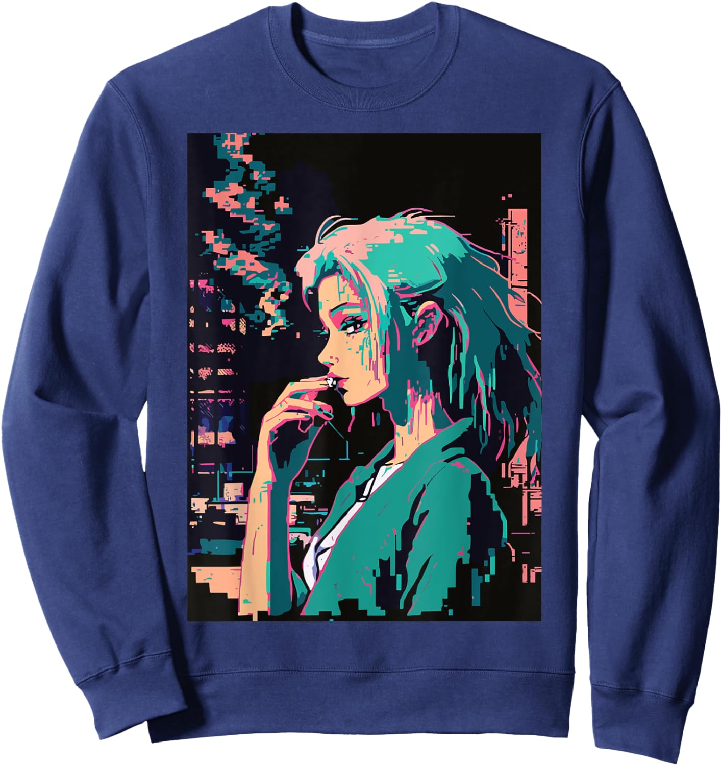 Japanese Vaporwave Sad Anime Girl Indie Aesthetic Otaku Sweatshirt - Sweatshirt | Navy