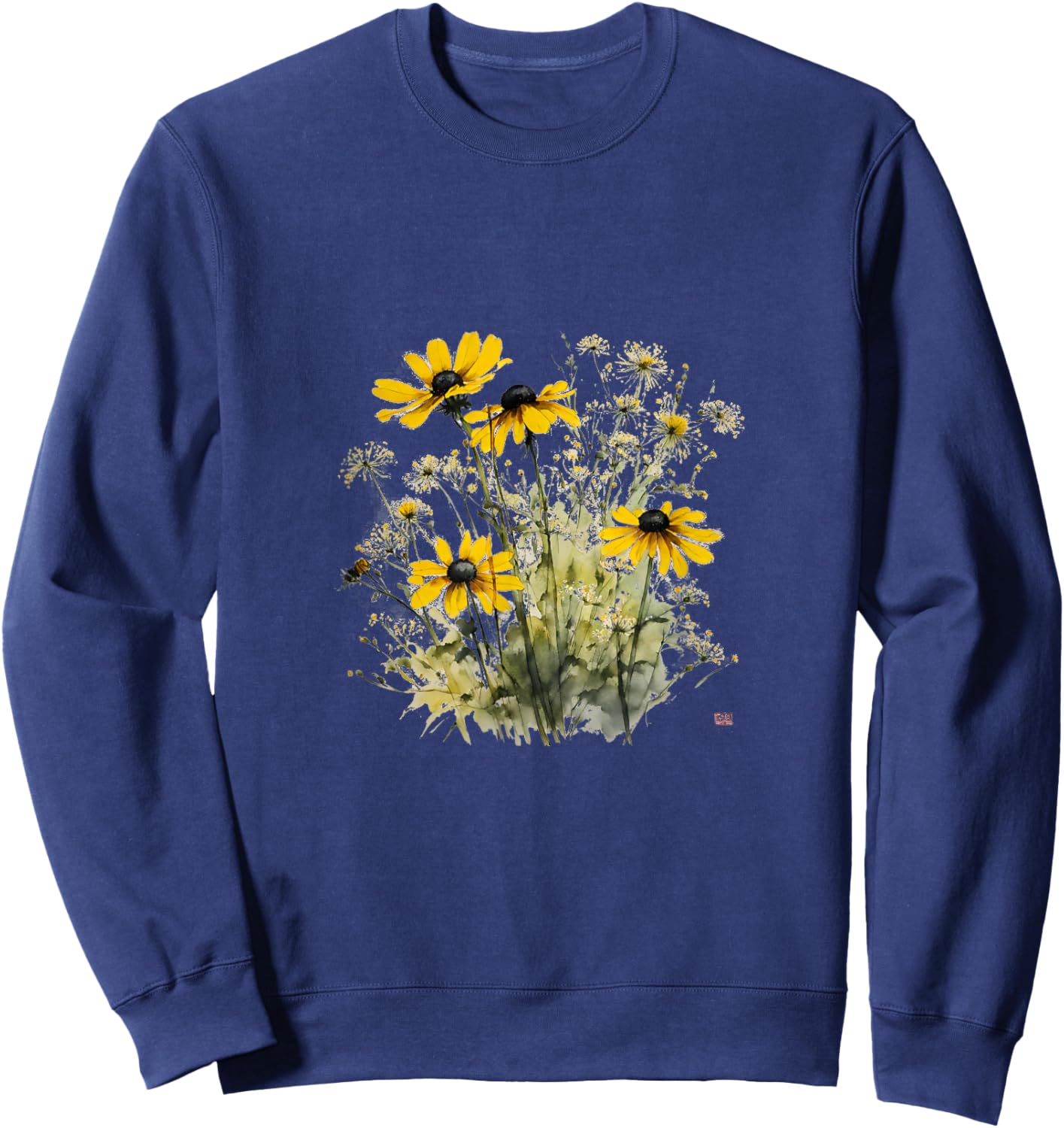 Mother's Day Watercolor Wildflowers Black Eyed Susan Sweatshirt - Sweatshirt | Navy