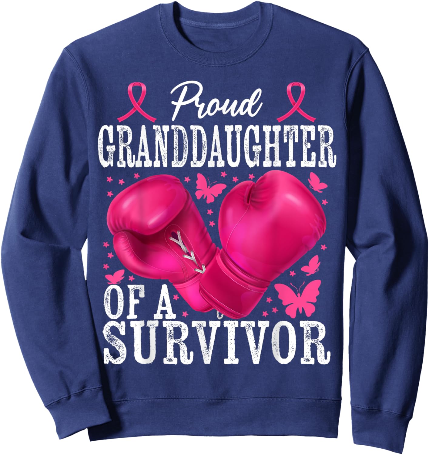 Proud Granddaughter Survivor Breast Cancer Boxing Glove Pink Sweatshirt - Sweatshirt | Navy