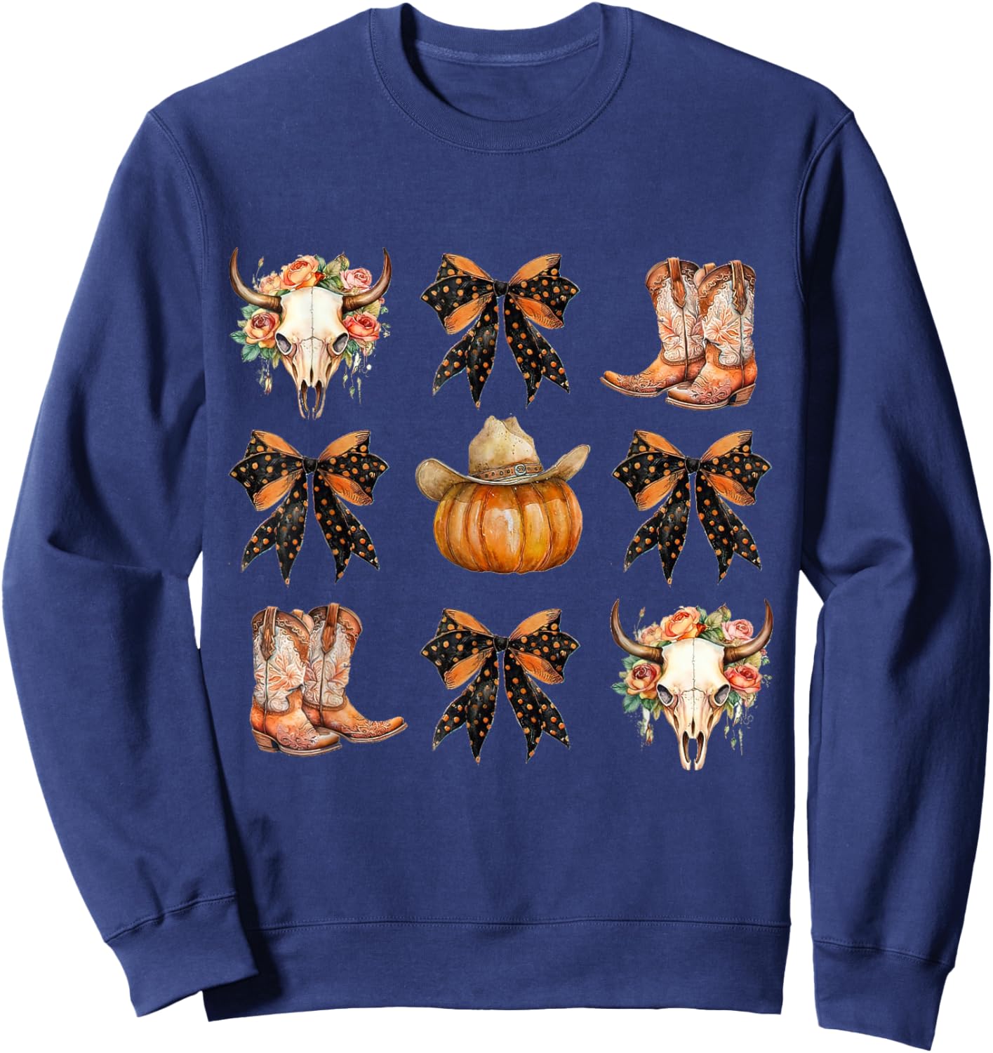 Coquette Bow Halloween, Skull Western Autumn, Howdy Pumpkin Sweatshirt - Sweatshirt | Navy