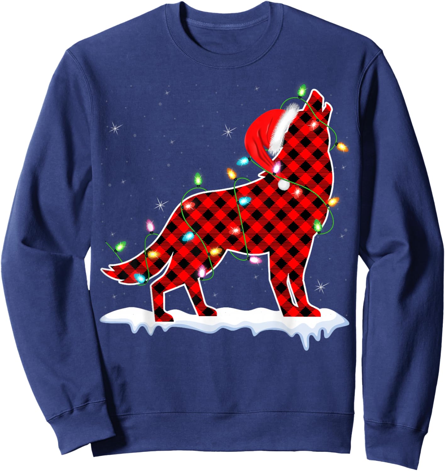 Santa Wolf Xmas Lighting Buffalo Plaid Wolf Christmas Pajama Sweatshirt - Sweatshirt | Navy
