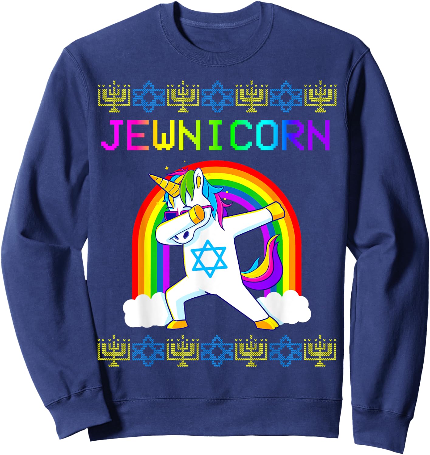 Jewnicorn Ugly Hanukkah Sweater Dabbing Unicorn Chanukah Sweatshirt - Sweatshirt | Navy