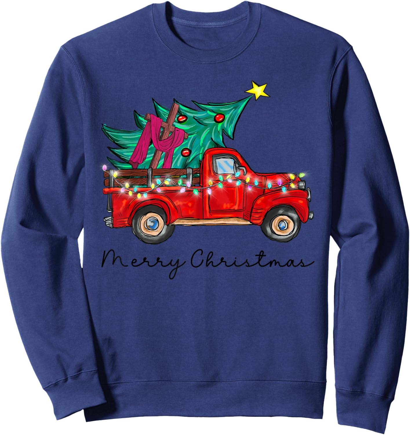 Vintage Wagon Red Truck Christmas Tree Pajama Xmas Sweatshirt - Sweatshirt | Navy