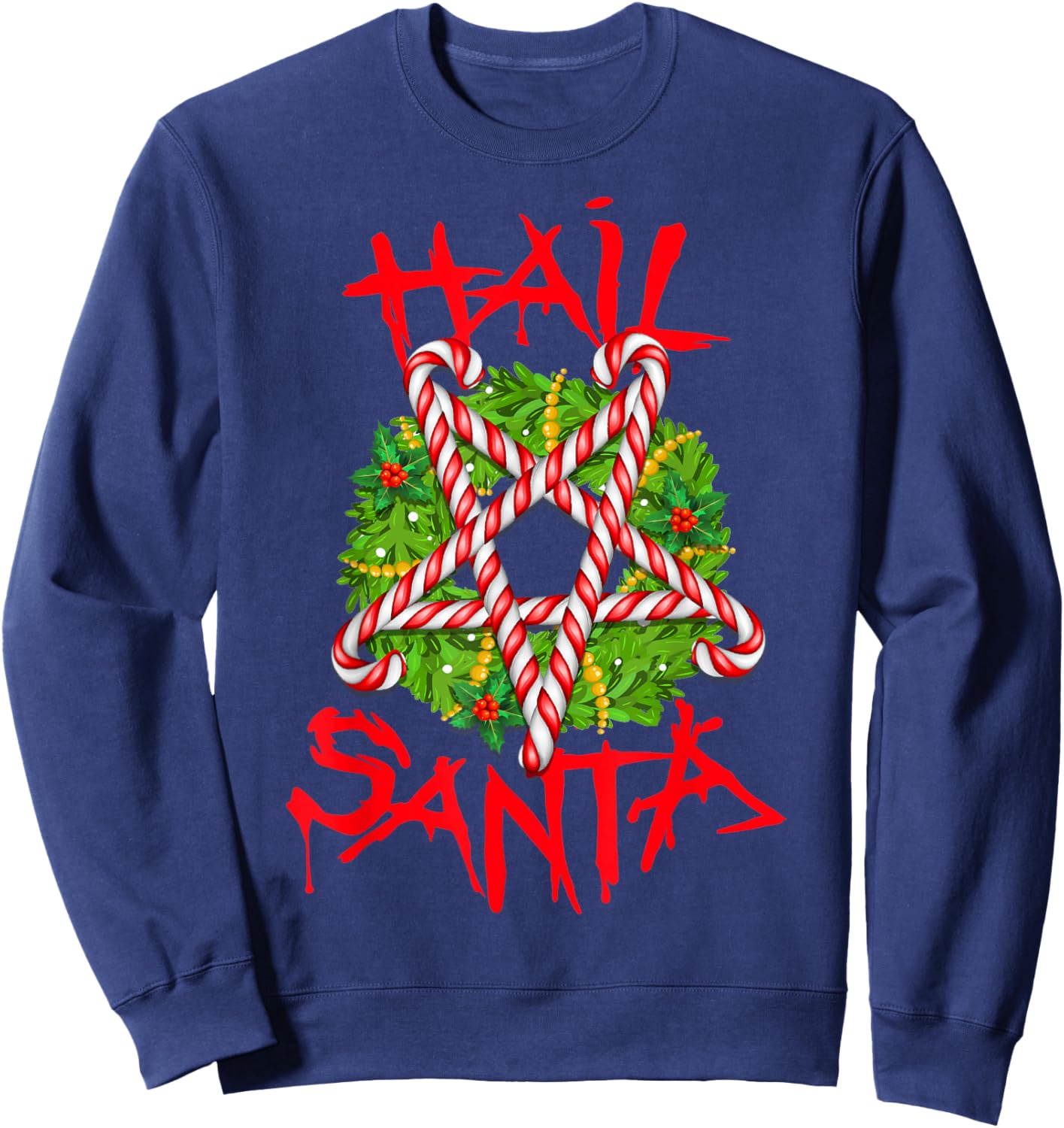 Christmas Hail Santa Candy Cane Pentagram Evil Krampus Satan Sweatshirt - Sweatshirt | Navy