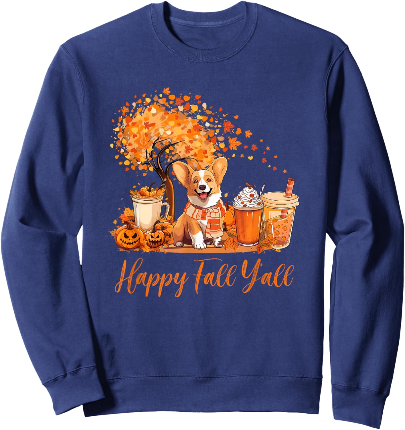 Happy Fall Y'all Corgi Autumn Pumpkin Spice Latte Sweatshirt - Sweatshirt | Navy