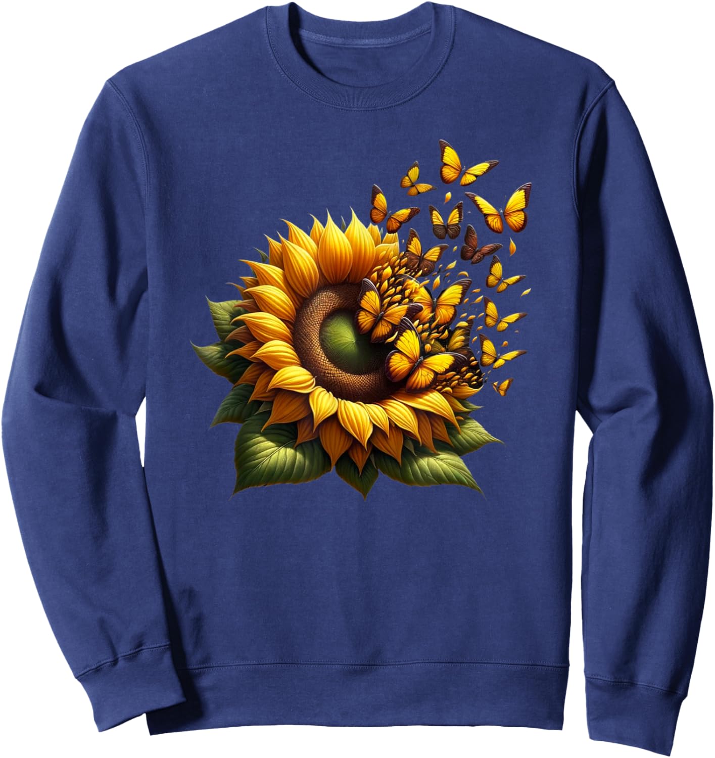 Sunflower With Butterflies Flying Floral Butterfly Lover Sweatshirt - Sweatshirt | Navy