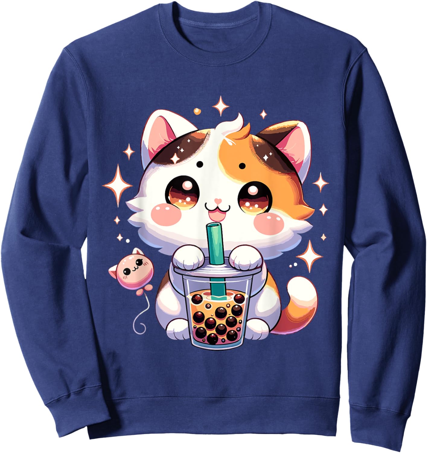 Cat Boba Japanese Kawaii Anime Kitty Bubble Tea Neko Teen Sweatshirt - Sweatshirt | Navy