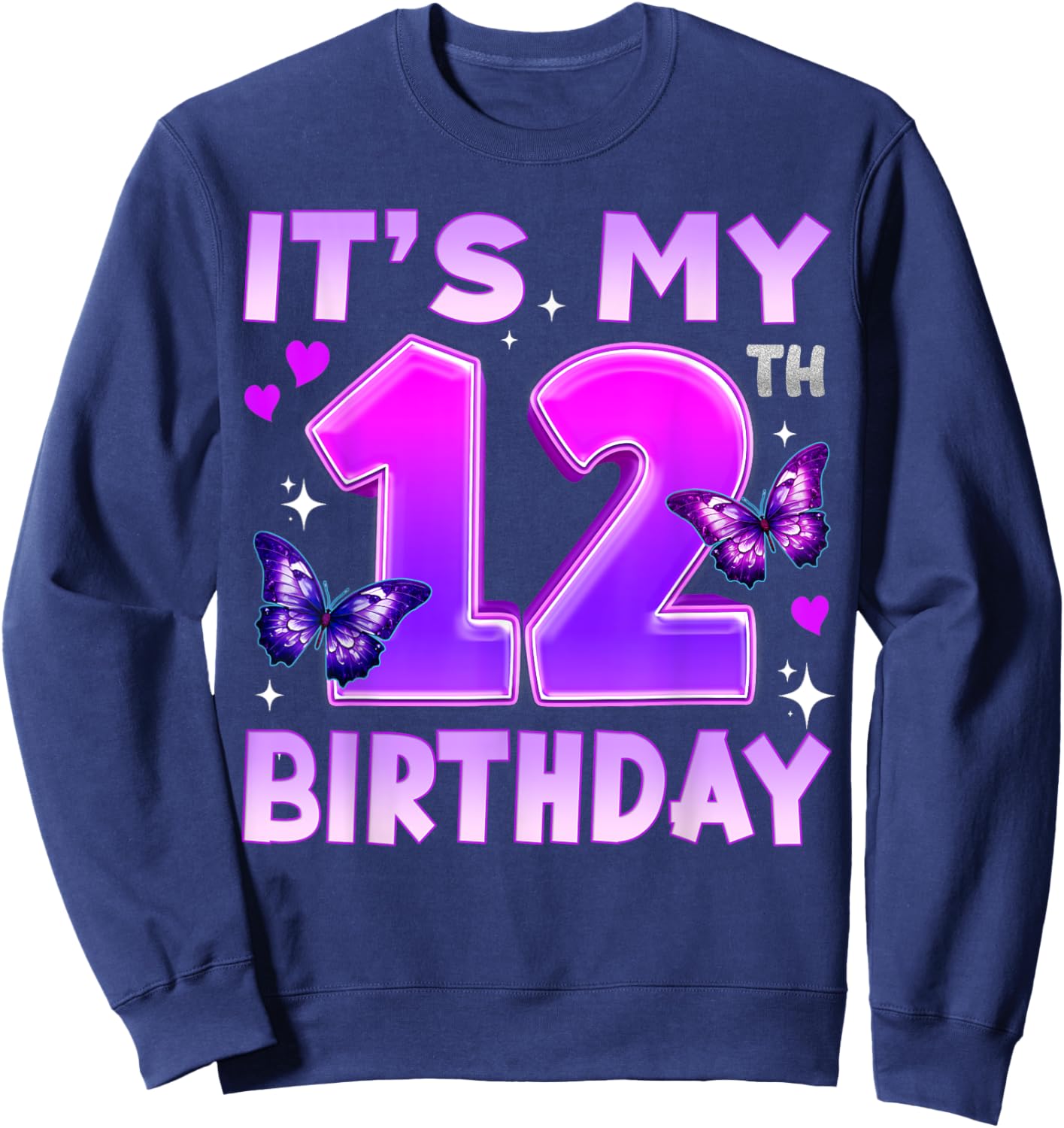 12th Birthday Cute Butterfly Bday 12 Year Old Birthday Girl Sweatshirt - Sweatshirt | Navy