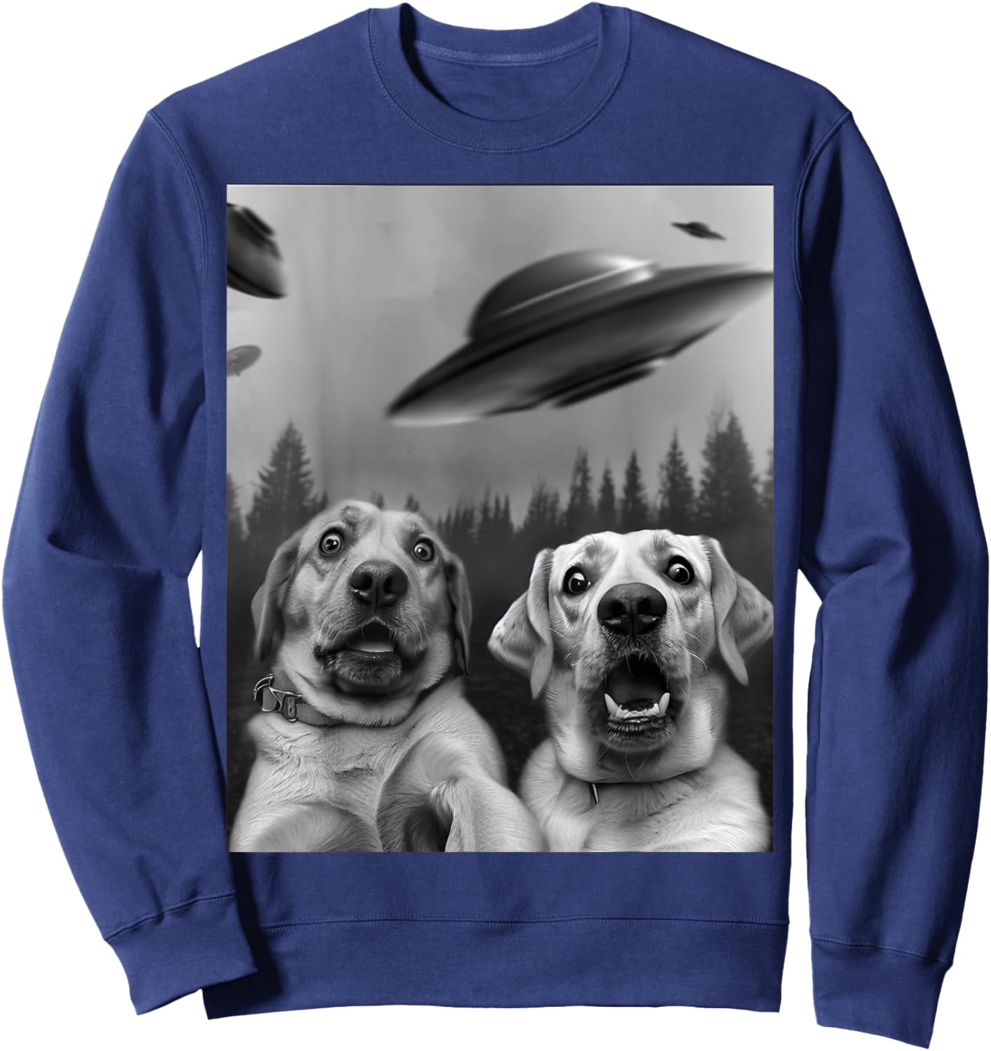 "Labrador Selfie" Funny Two Scaredy-Dogs and UFOs in Forest Sweatshirt - Sweatshirt | Navy