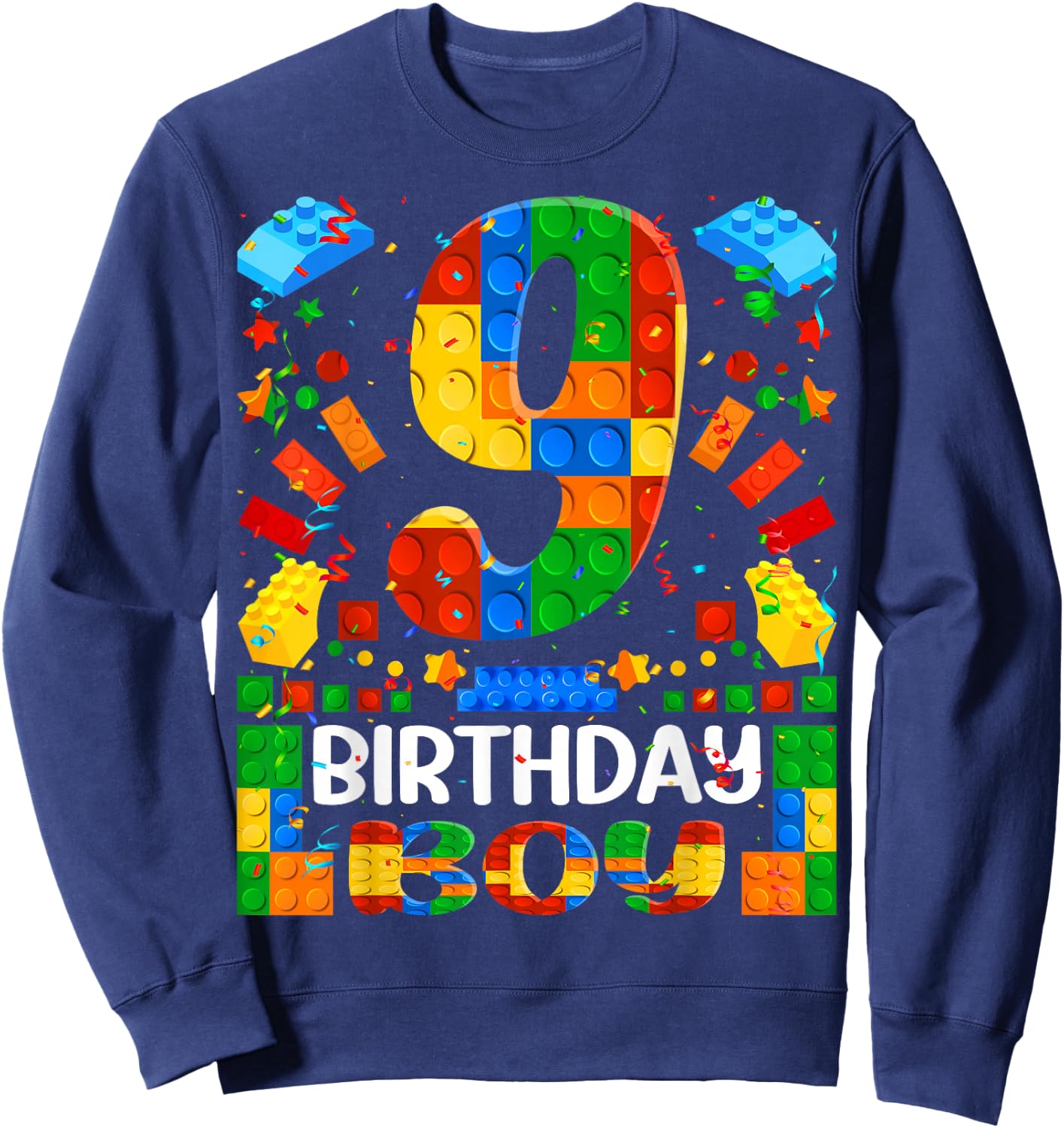 9 Year Old Building Blocks 9th Birthday Boy Brick Builder Sweatshirt - Sweatshirt | Navy