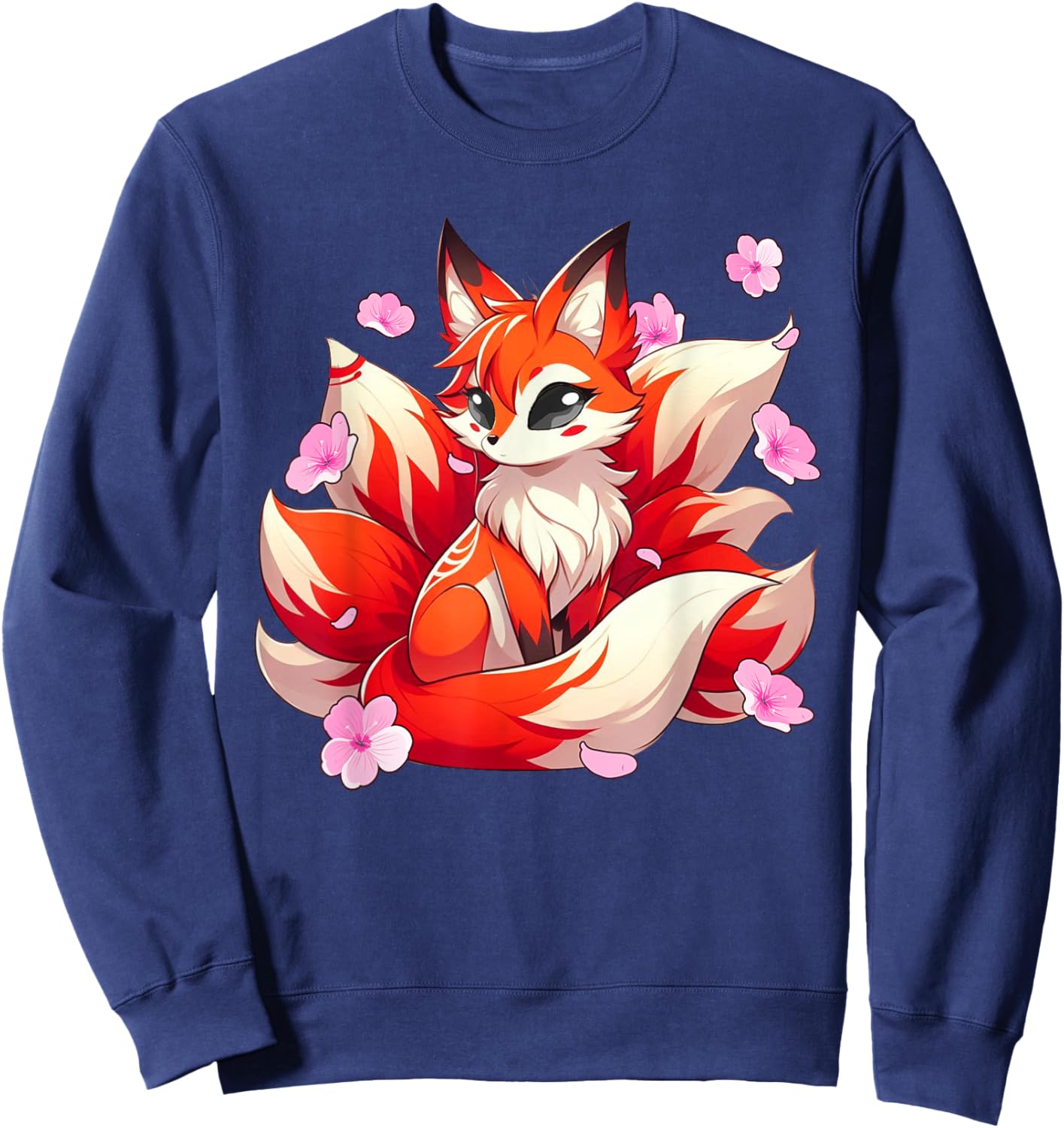 Japanese Kawaii Kitsune Nine Tail Fox Cherry Blossom Flowers Sweatshirt - Sweatshirt | Navy