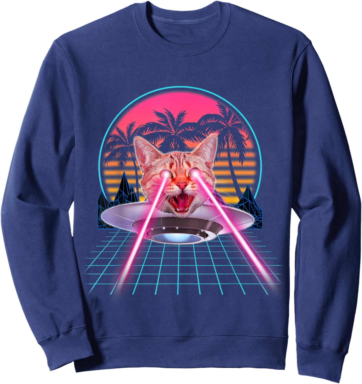 Laser Cat Eyes Kitten UFO Retro 80s Funny Cats Lovers Sweatshirt - Sweatshirt | Navy