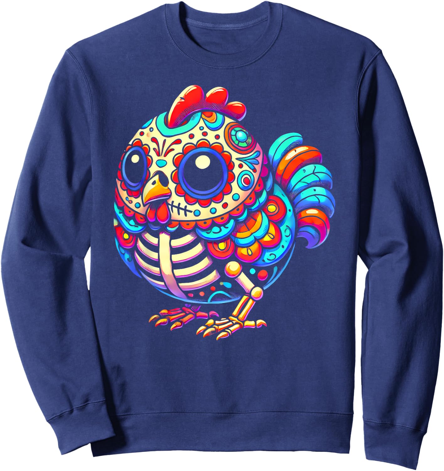 Colorful Sugar Skull Chicken Día de los Muertos Fun Skeleton Sweatshirt - Sweatshirt | Navy