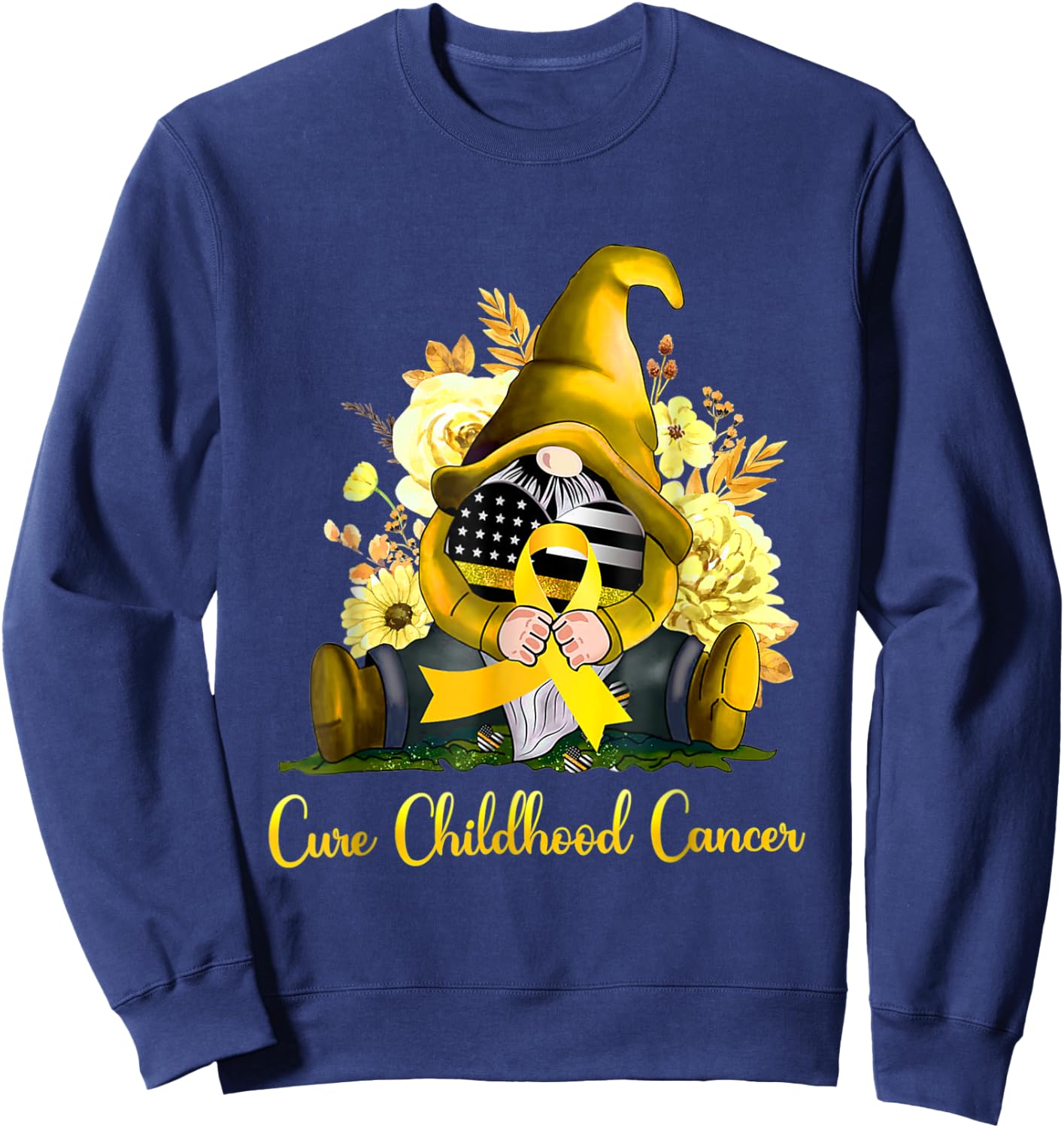 Cure Childhood Cancer Awareness Gold Ribbon Gnome Sunflower Sweatshirt - Sweatshirt | Navy