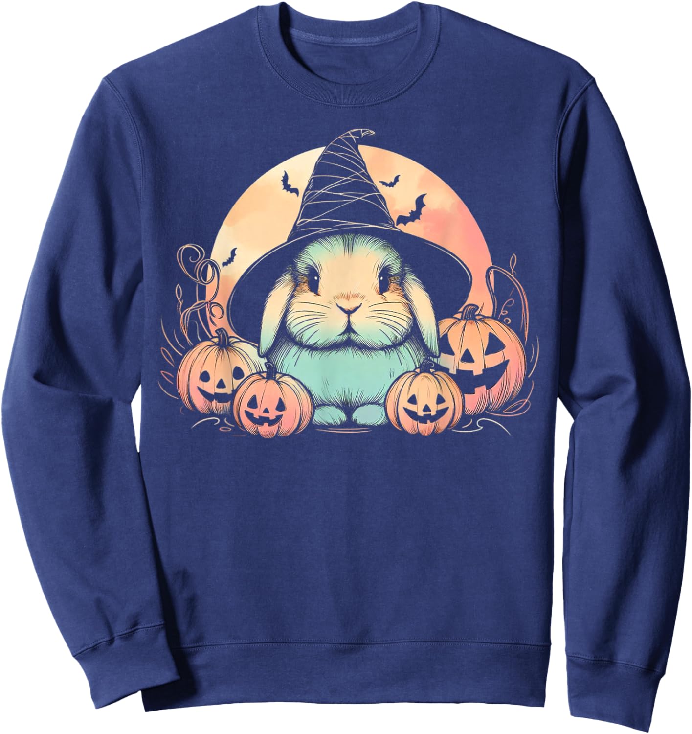 Halloween Witch Rabbit Spooky Holland Lop with Pumpkins Moon Sweatshirt - Sweatshirt | Navy