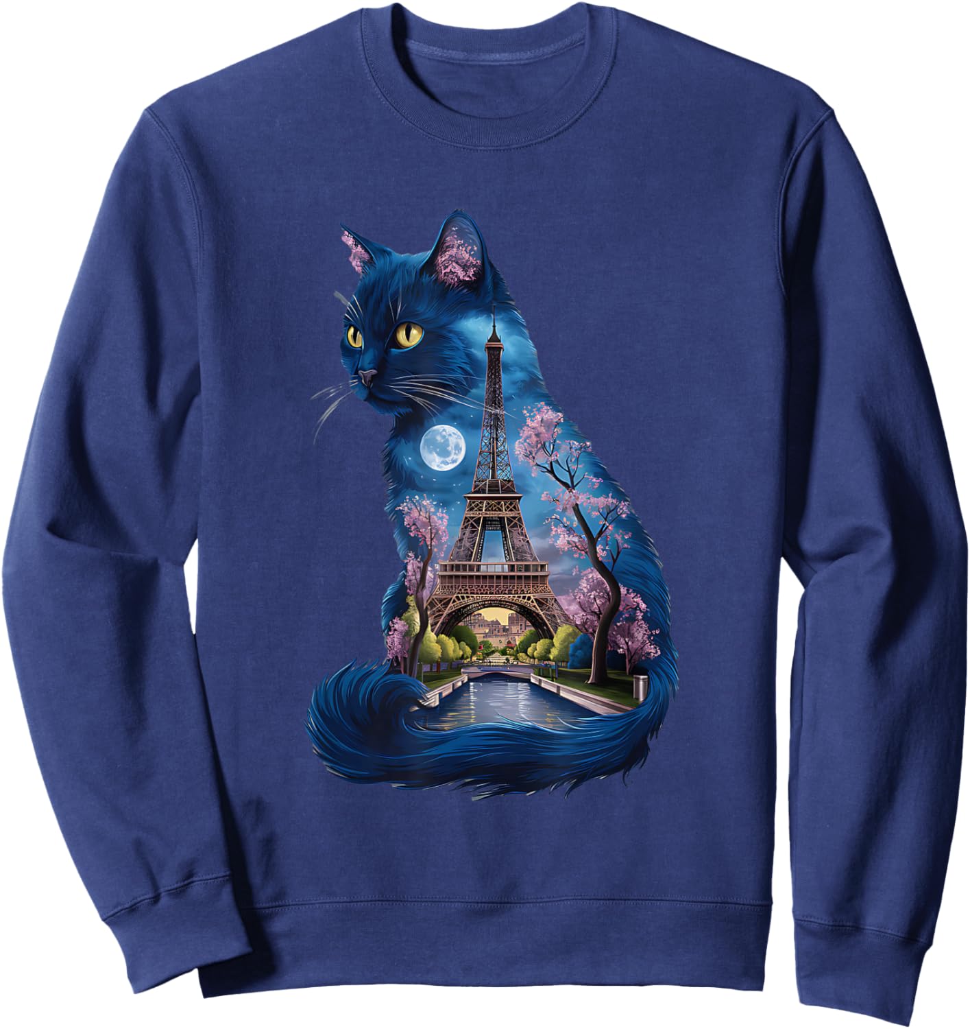 Pretty Parisian Cat Silhouette French Eiffel Tower European , Black, S Sweatshirt - Sweatshirt | Navy