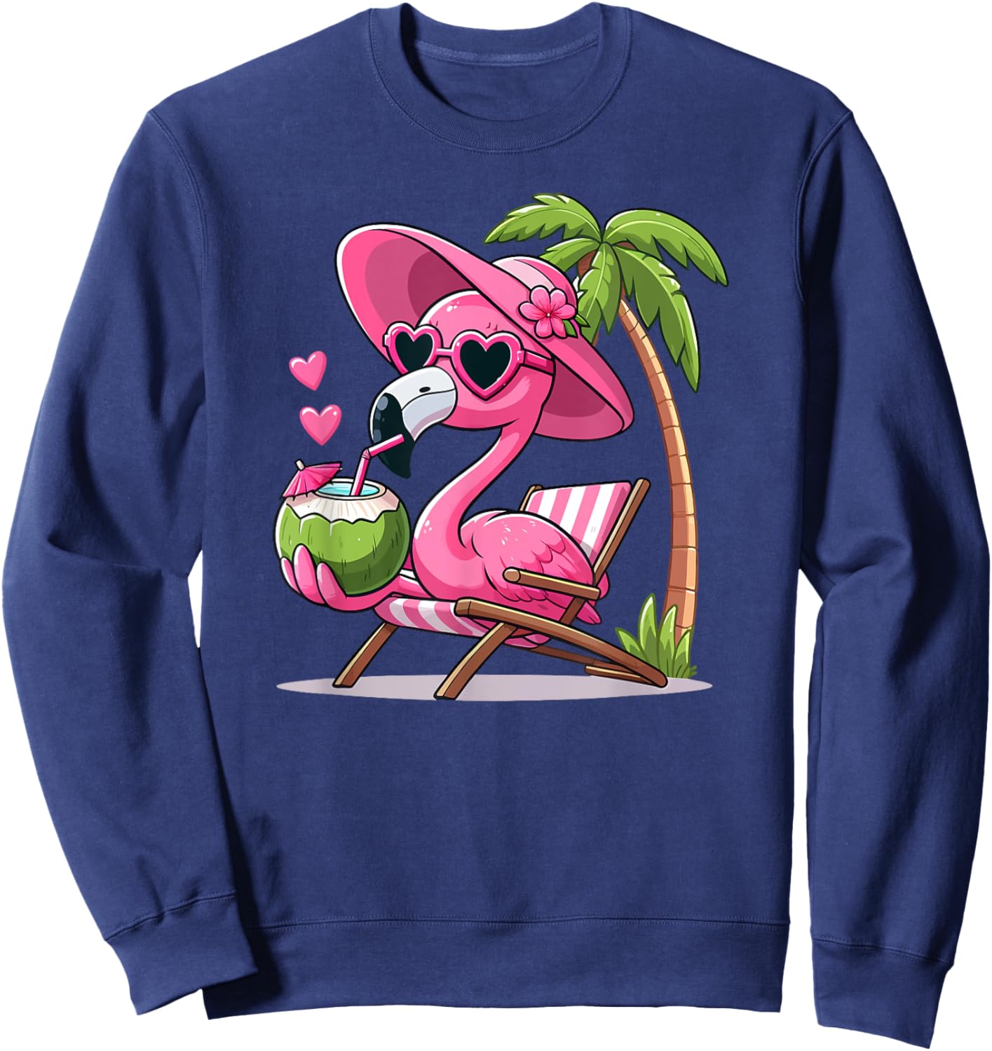 Pink Flamingo Summer Vibes Beach Palm Tree Summer Vacation Sweatshirt - Sweatshirt | Navy