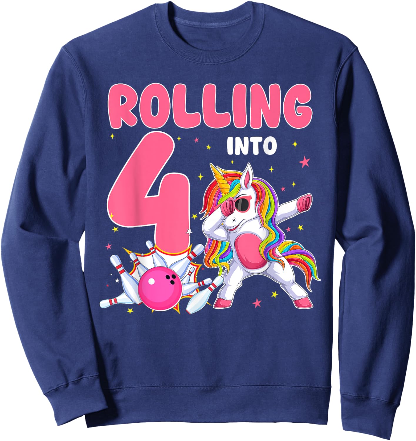 Rolling Into 4 4th Birthday Unicorn Bowling 4 Year Old Sweatshirt - Sweatshirt | Navy