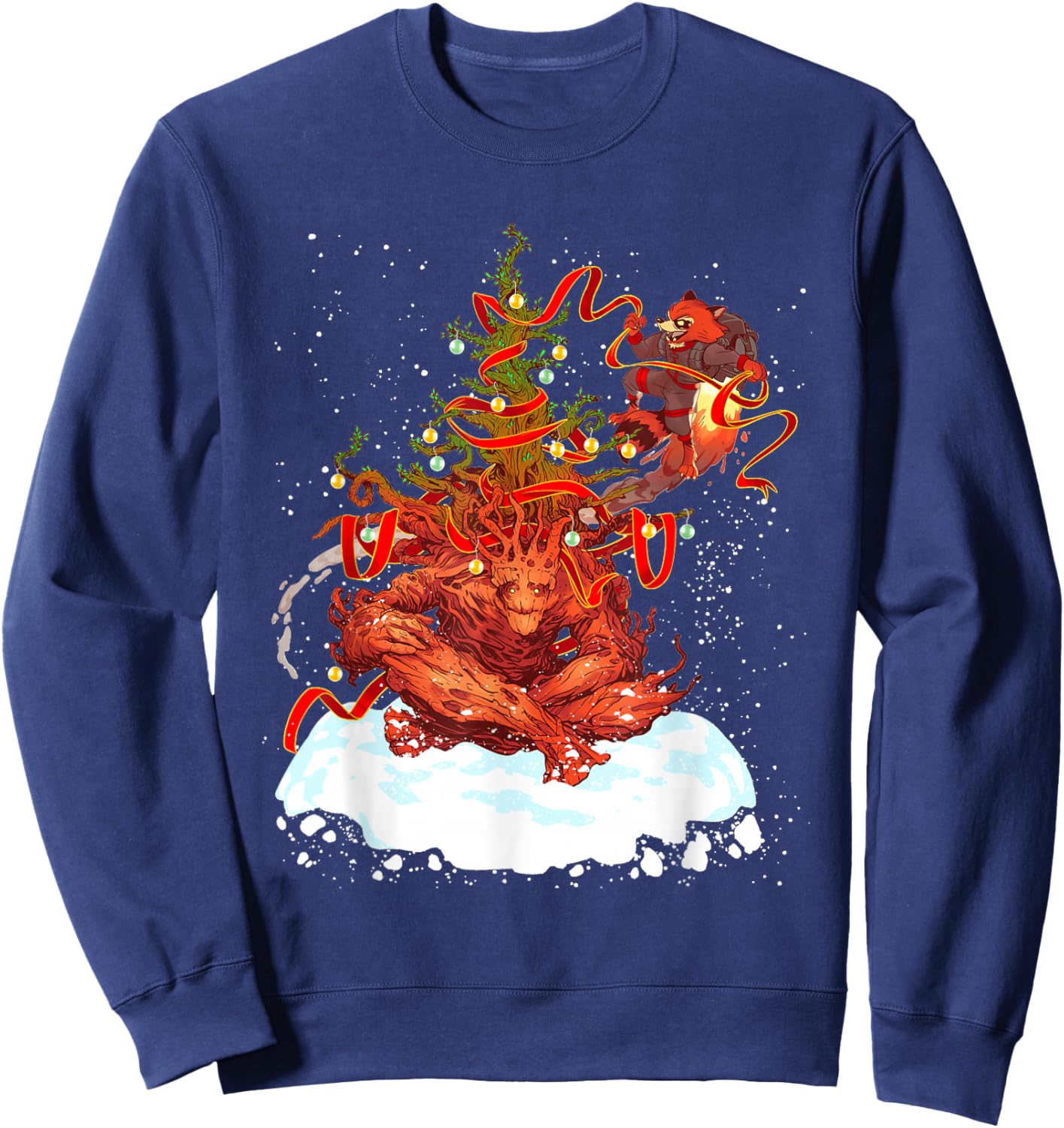 Marvel Rocket and Groot Holiday Christmas Tree Guardians Sweatshirt - Sweatshirt | Navy