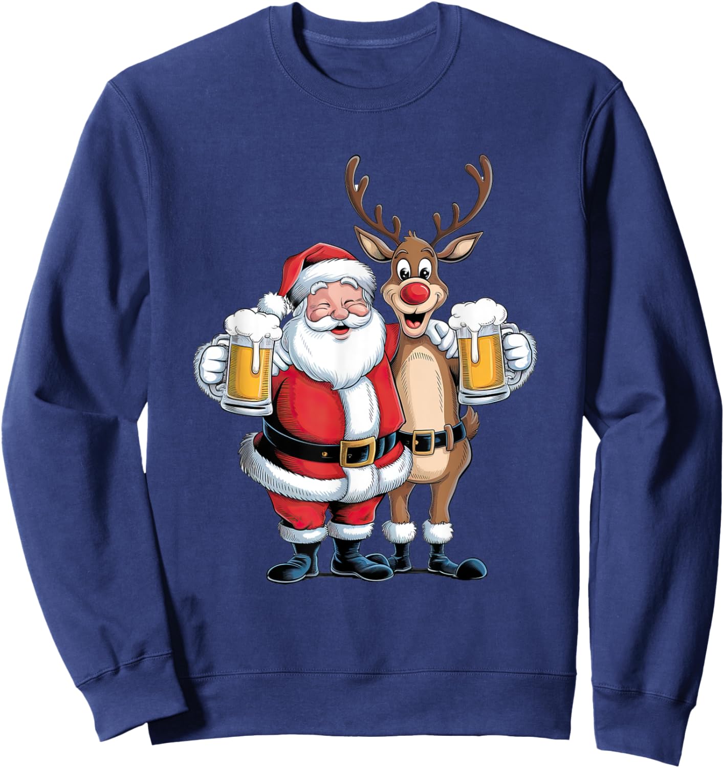Santa Having a Beer with Reindeer. Funny Xmas Holidays Sweatshirt - Sweatshirt | Navy