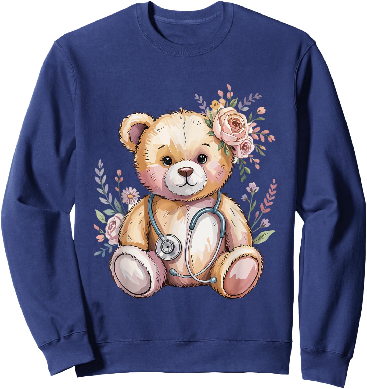 Floral Teddy Bear Flower Kids Doctor Pediatric Nurse Sweatshirt - Sweatshirt | Navy