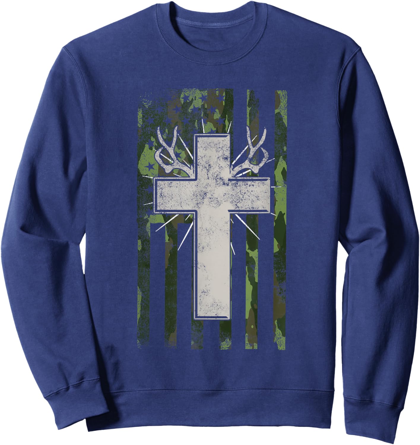Jesus Christian Cross Hunting American Flag Camo Deer Hunter Women Men Sweatshirt - Sweatshirt | Navy